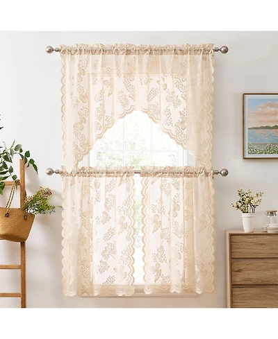 Hlc.me Butterfly Floral Lace - Sheer 3 Piece Kitchen Curtains Set, Light Filtering Transparent Window Swag Valance + 36 inch Tiers Set