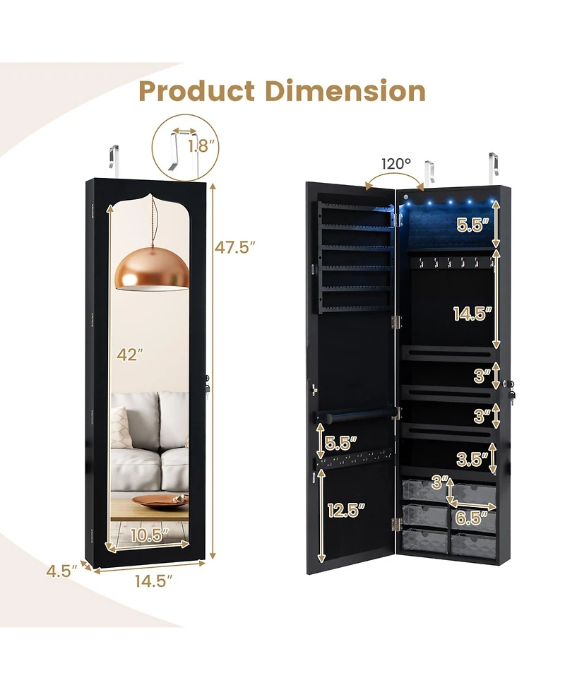 Gouun Door Hanging Mirror Jewelry Armoire with Full Length Mirror and 6 Drawers