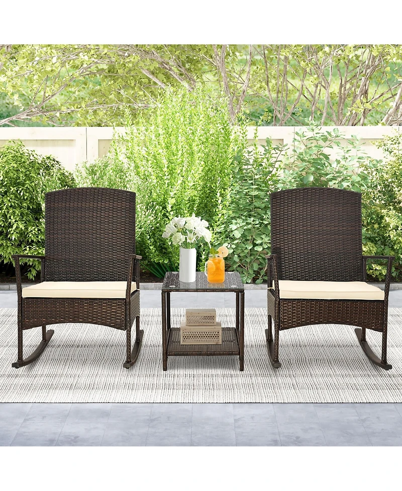 Gymax 3 Pieces Rocking Wicker Bistro Set Outdoor Front Porch Rocker Chairs Conversation Turquoise