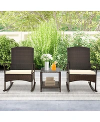 Gymax 3 Pieces Rocking Wicker Bistro Set Outdoor Front Porch Rocker Chairs Conversation Turquoise