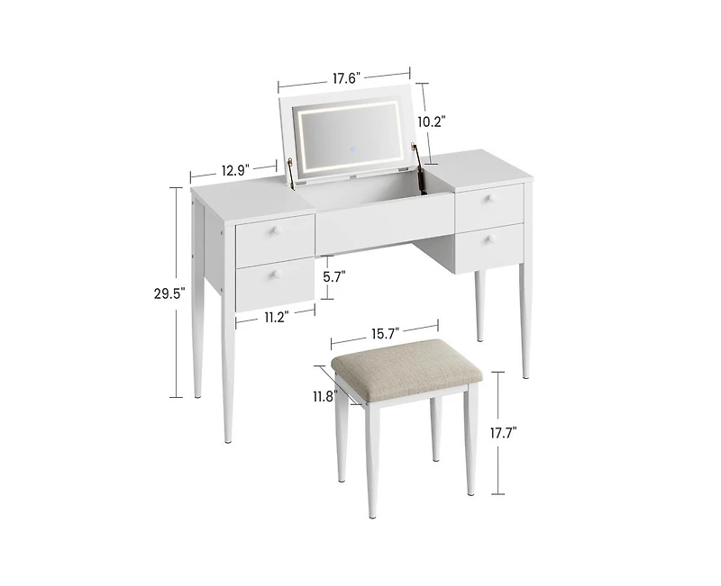 gaomon 47" Makeup Vanity Desk with Flip Top Mirror and Lights, 3 Lighting Mode, 3 in 1 Vanity Table with 5 Drawers