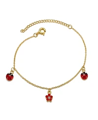 GiGiGirl 14k Gold Plated Red & Black Enamel Crystal Lady Bug & Flower Triple Charm Bracelet