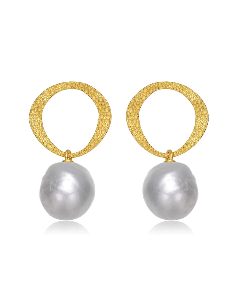 Sterling Silver 14K Gold Plated with Genuine Freshwater Button Pearl Drop Earrings