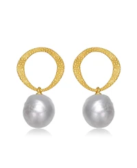Sterling Silver 14K Gold Plated with Genuine Freshwater Button Pearl Drop Earrings