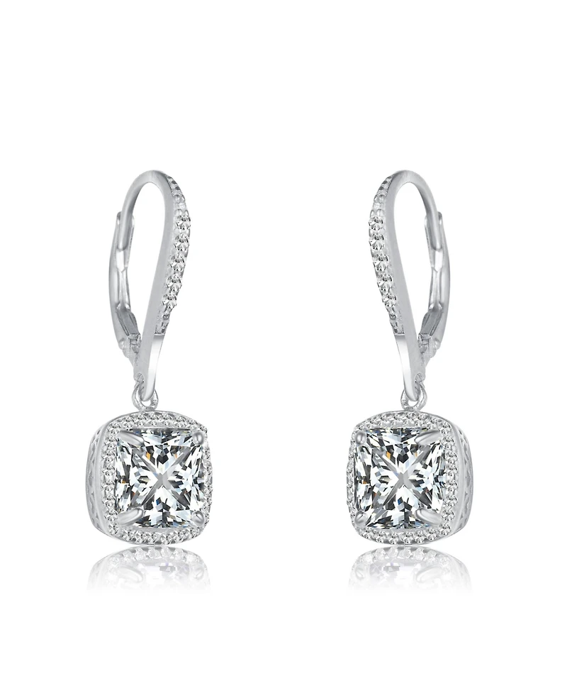Sterling Silver with Clear Round and Radiant Cubic Zirconia Drop Earrings