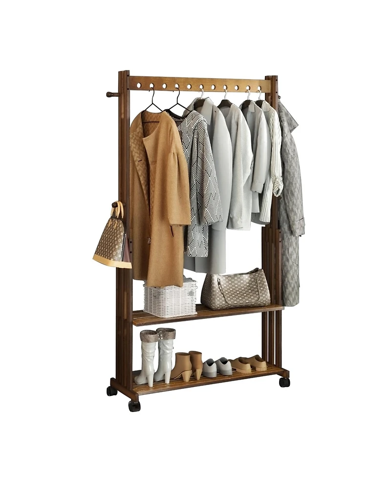 Unho Retro Bamboo Clothes Rack: Brown Garment Organizer Hanging Rack with Wheels