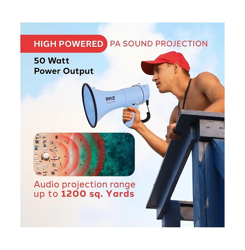 Pyle 50-Watt Portable Megaphone with Siren, MP3 Input, Automatic Siren, Shoulder Strap, Lightweight