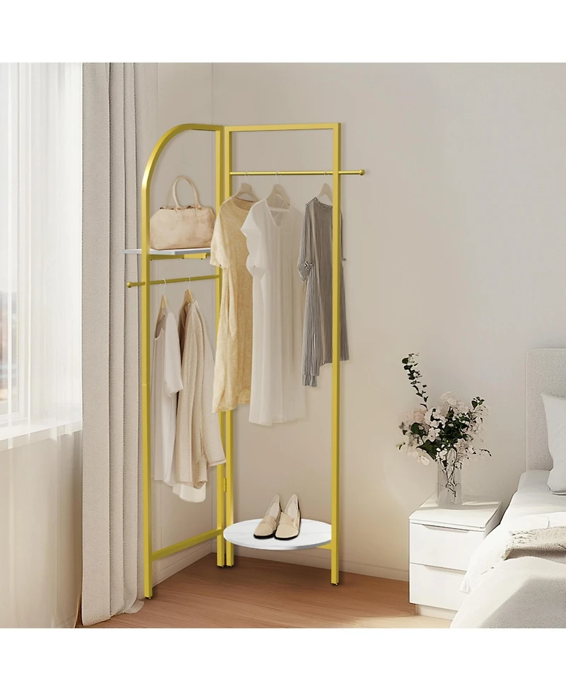 Unho Gold Metal Corner Coat Rack: Garment Rack with 2 Shelves Storage Hanging Clothes