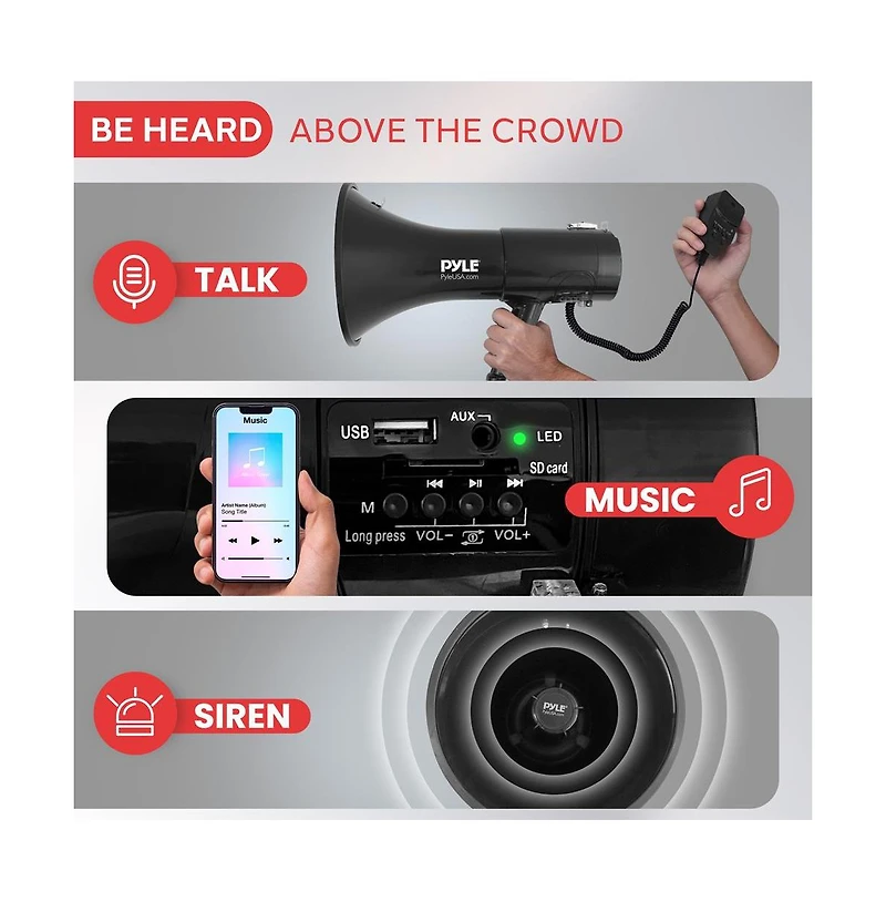 Pyle 100-Watt Hand-Grip Megaphone with Siren, MP3/Aux Input, Rechargeable Battery, Lightweight Black Bullhorn
