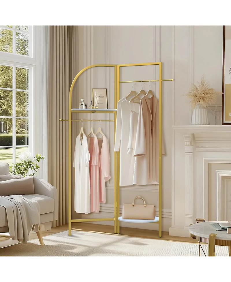 Unho Gold Metal Corner Coat Rack: Garment Rack with 2 Shelves Storage Hanging Clothes