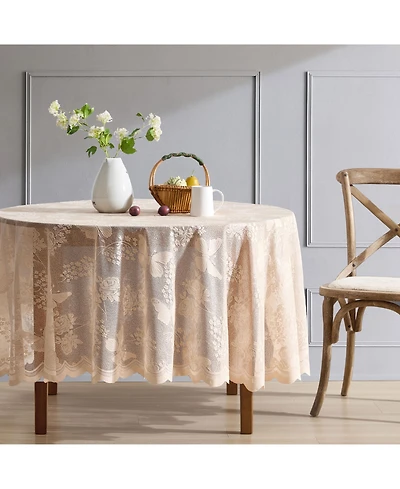 Hlc.me Butterfly Floral Lace Fabric Tablecloth, Lace Fabric Table Cloth for Round Tables, Wrinkle Resistant, Patterned Scalloped