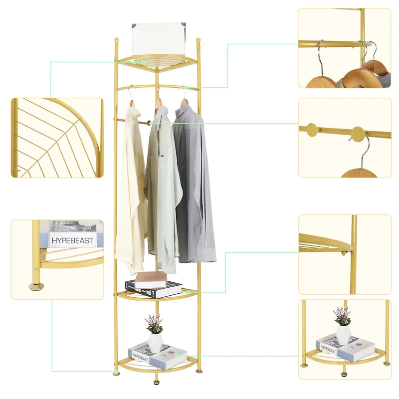 Unho Freestanding Gold Metal Coat Rack: Clothes Stand with Shelves Storage