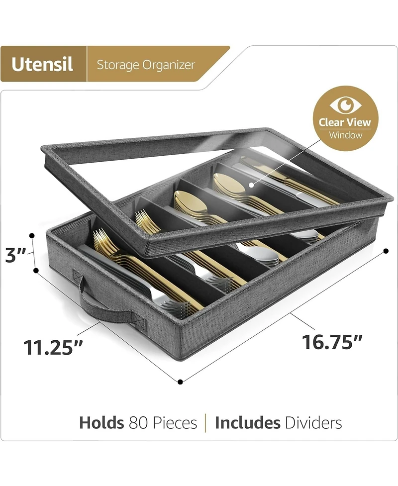 Sorbus Flatware Storage Chest with Clear Lid, Great Fabric Container Box for Organizing Utensils, Silverware, Flatware, Large Capacity, Gray