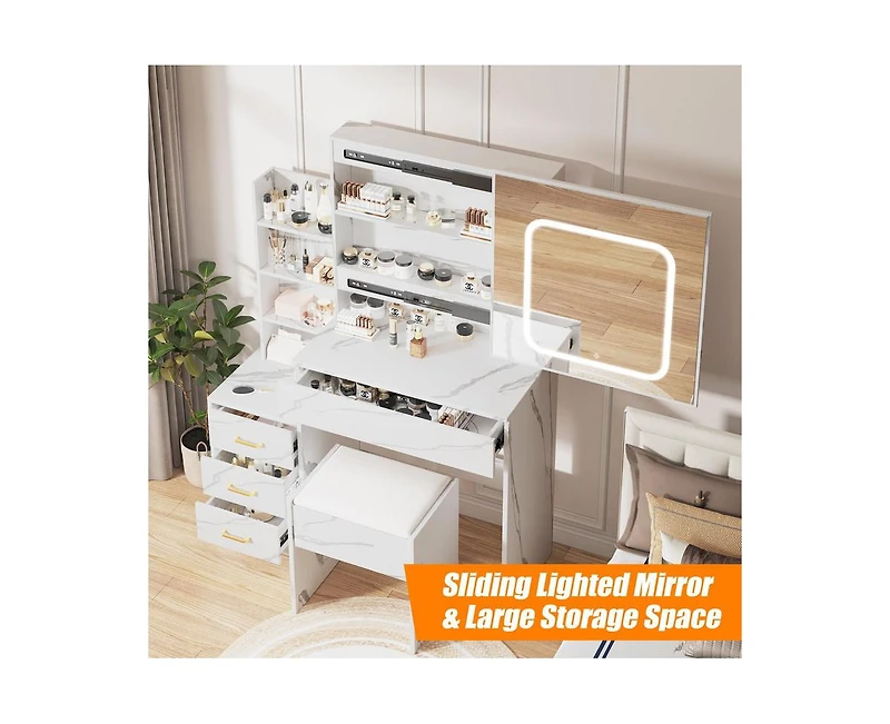 gaomon Vanity Desk with Sliding Mirror and Lights, Makeup Vanity Set with Power Outlet, 4 Drawers, Stool, Open Shelves, 3 Color Lighting Modes, Bright