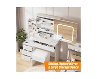gaomon Vanity Desk with Sliding Mirror and Lights, Makeup Vanity Set with Power Outlet, 4 Drawers, Stool, Open Shelves, 3 Color Lighting Modes, Bright
