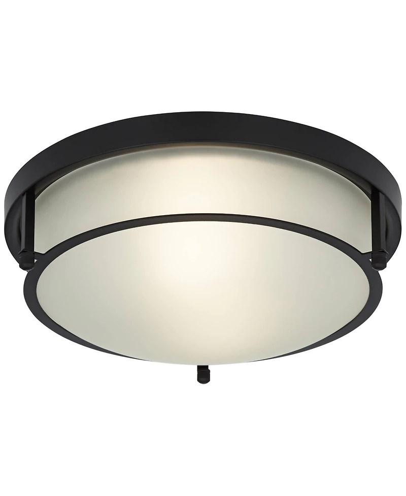 Possini Euro Design Encina 13" Modern Industrial Flush-Mount Ceiling Light Fixture Kitchen Foyer Hallway Round Black White Glass