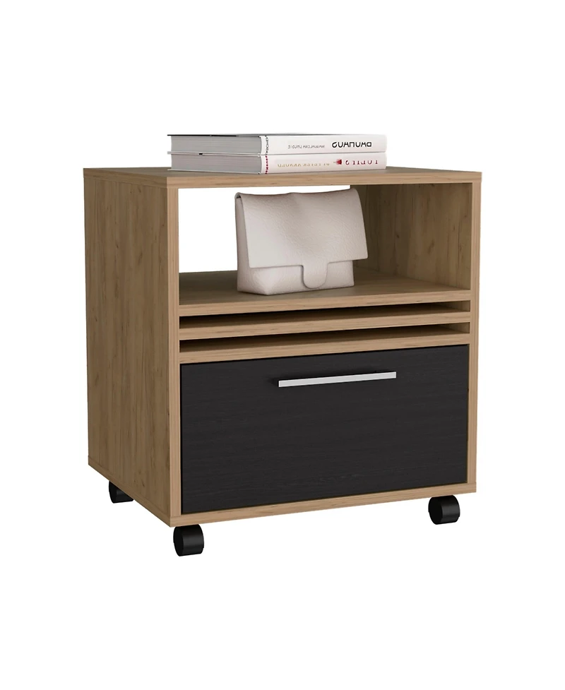 Alsen Nightstand, 1 Drawer, 4 Wheels, 1 Shelf, Natural Oak / Black