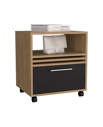 Alsen Nightstand, 1 Drawer, 4 Wheels, 1 Shelf, Natural Oak / Black