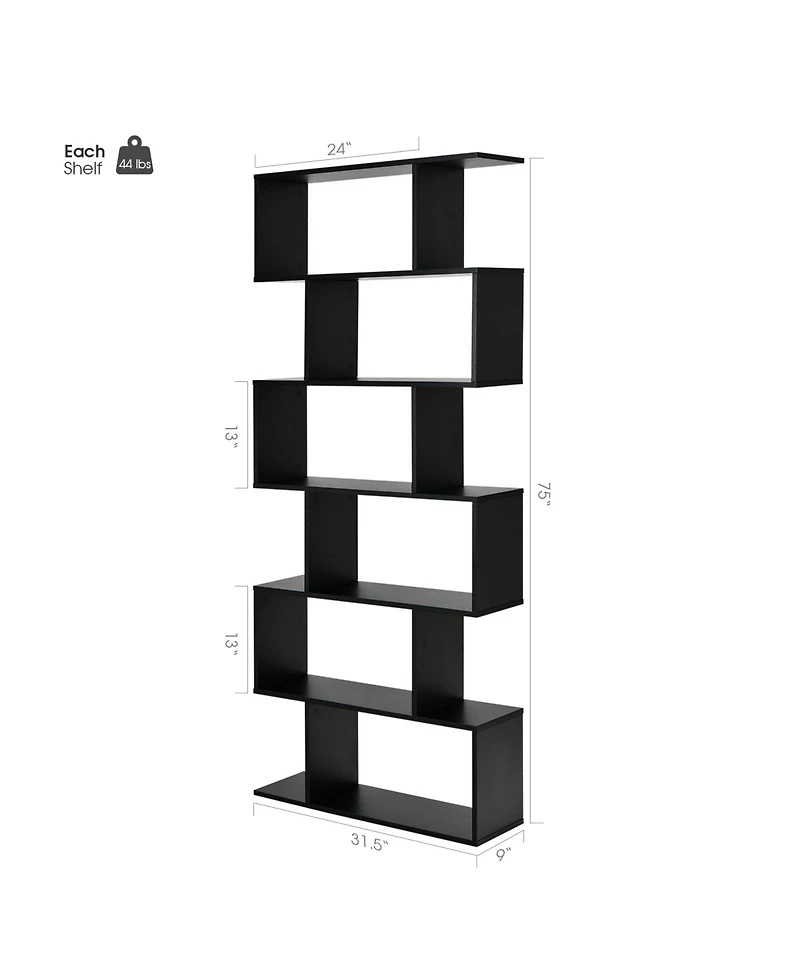 Gouun 6 Tier S-Shaped Bookshelf Storage Display Bookcase Decor Z-Shelf