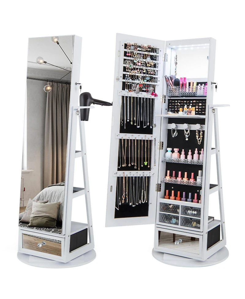 Gouun Lockable 360° Swivel Jewelry Cabinet with Full-Length Mirror Led Lights