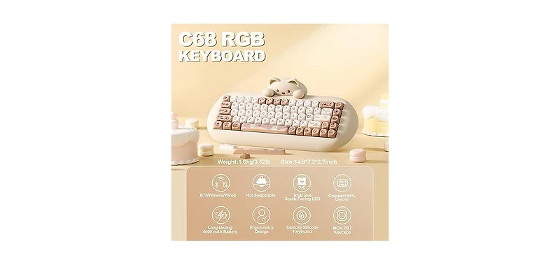 Yunzii C68 Wireless Mechanical Keyboard, 65% Gaming Keyboard Hot Swap,Triple Mode BT5.0/2.4G/Wired,Rgb Backlit Nkro,Cute Cat Silicone Ergonomic Keyboa
