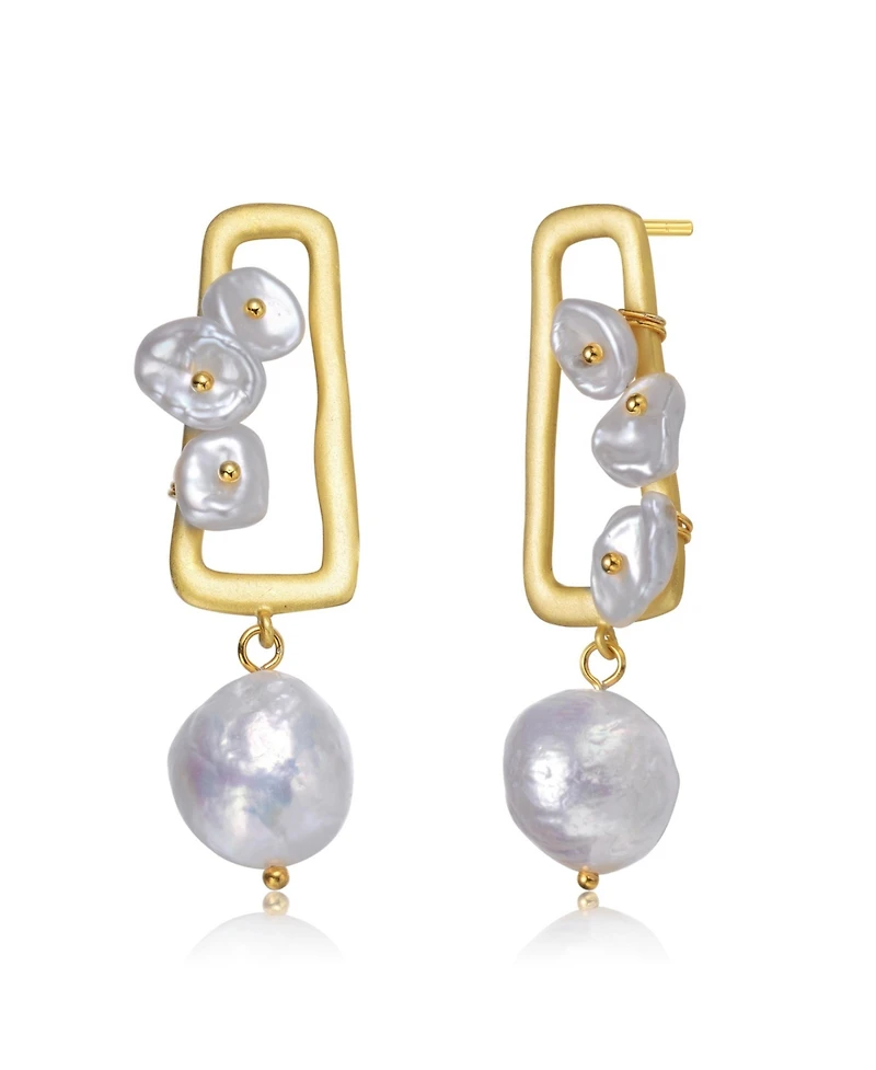 Beautiful Sterling Silver 14K Gold Plated 14-15MM Genuine Freshwater Pearl Drop Earrings