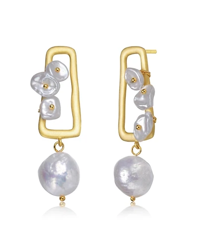 Beautiful Sterling Silver 14K Gold Plated 14-15MM Genuine Freshwater Pearl Drop Earrings