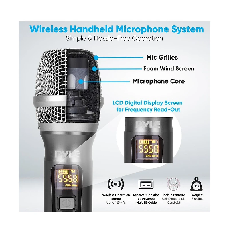 Pyle Uhf Wireless Handheld Microphone System - 32-Channel Frequency, Receiver, Usb Rechargeable, Includes (2) Mics