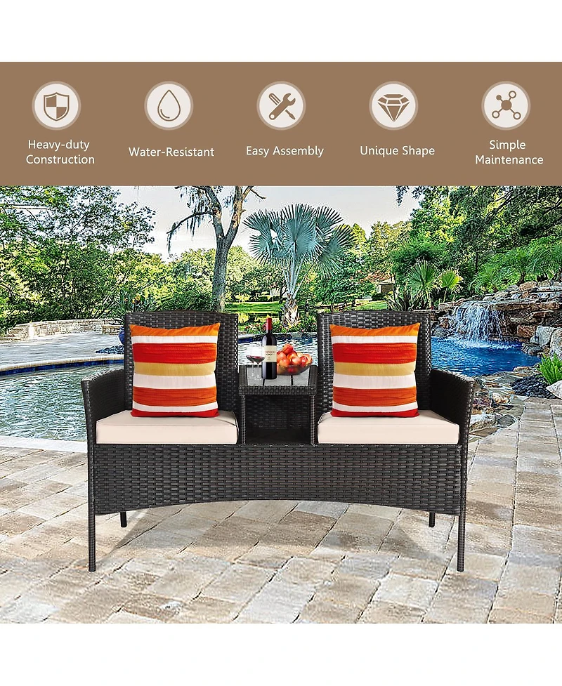 Gymax Patented Cushioned Rattan Wicker Patio Conversation Set Loveseat Table