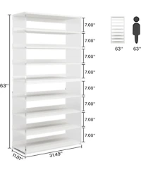 Tribesigns 8-Tier Acrylic Shoe Rack, Modern Shoe Storage with Wood Shelves, 63" Shoe Organizer Display Shelf for 24-32 Pairs, Space-Saving, White & Tr