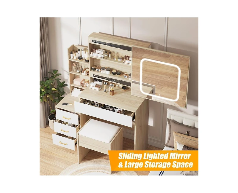 gaomon Vanity Desk with Sliding Mirror and Lights, Makeup Vanity Set with Power Outlet, 4 Drawers, Stool, Open Shelves, 3 Color Lighting Modes