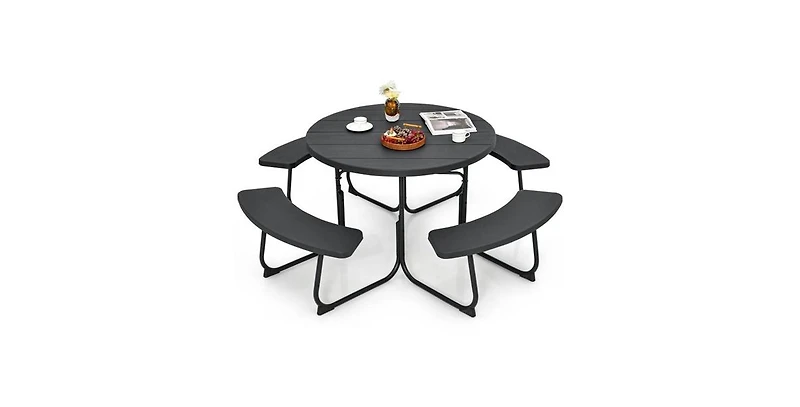Slickblue Outdoor Metal and Hdpe Picnic Table Bench Set with Umbrella Hole - Seats 8