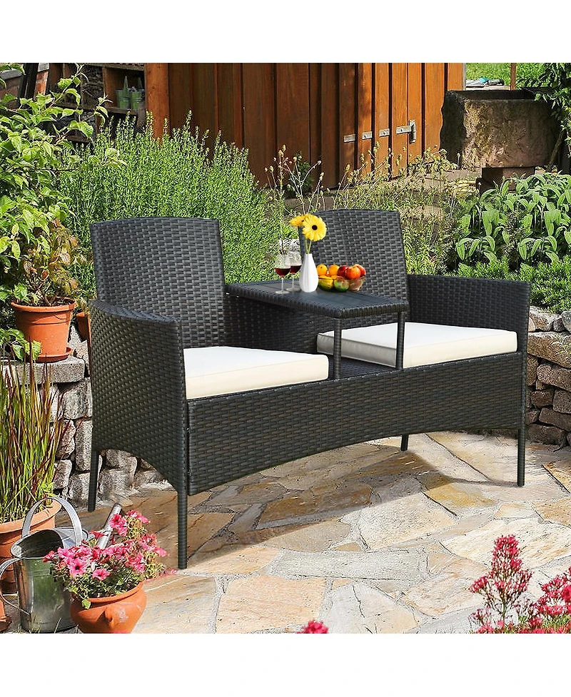 Gymax Patented Cushioned Rattan Wicker Patio Conversation Set w/ Loveseat Table Brown