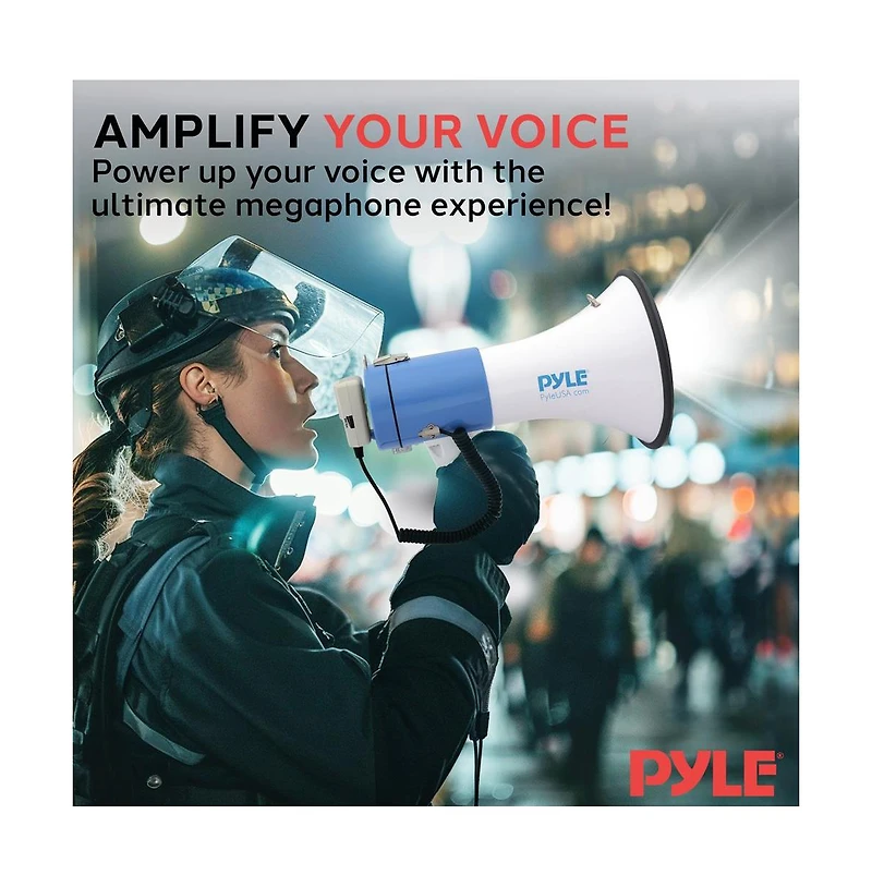 Pyle 50-Watt Megaphone with Led Lights, Siren Alarm Mode, Adjustable Volume, Portable, Battery Operated, Handheld Microphone