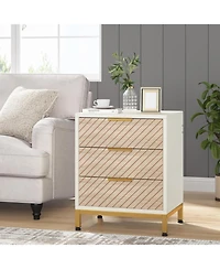 Tribesigns Nightstand for Bedrooms, White and Gold Light Wood Grain Nightstand with 3 Drawers, End Tables Storage for Living Room