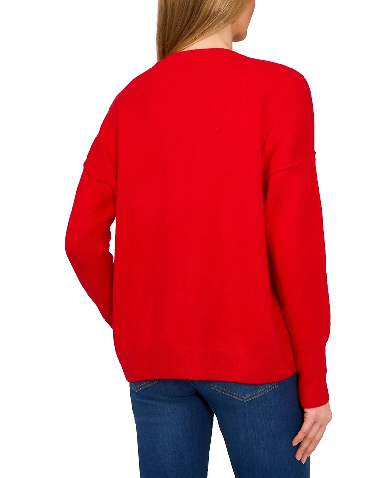 CeCe Women's Beaded Amour Script Crewneck Long-Sleeve Sweater