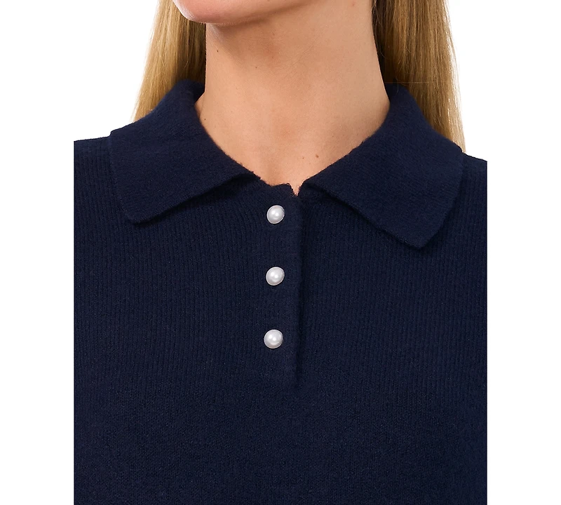 CeCe Women's Short Sleeve Polo Sweater with Cultivated Pearl Buttons