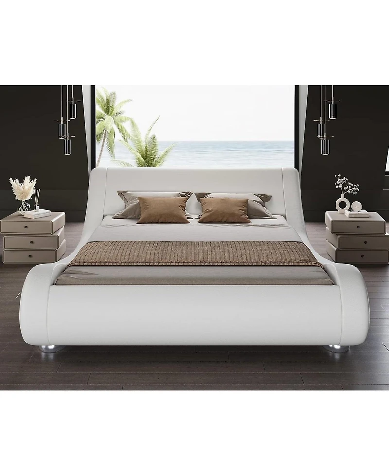 Slickblue Modern Upholstered Platform Bed Frame with Sleigh Curved Headboard