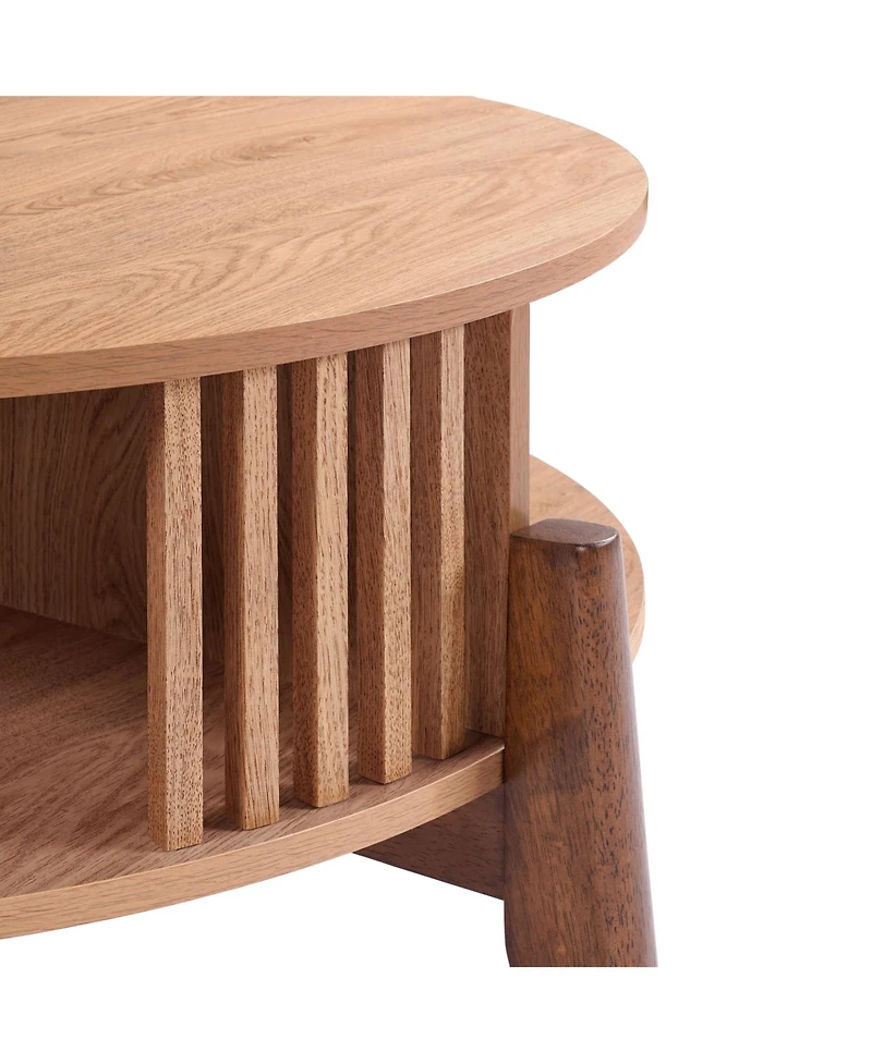 LuxenHome Round Coffee Table with Storage 31.5" Oak Finish Wood Center Accent Tables with Wood Legs
