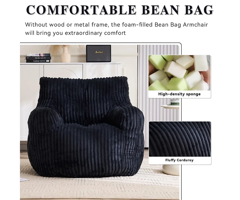 Soft Corduroy Bean Bag Chair with Memory Foam Filling for Living Room-The Pop Home