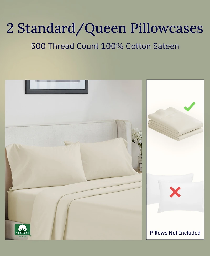 Standard 100% Cotton 500 Thread Count Pillowcases, Queen and Size, Soft Silky, Cool Smooth by California Design Den