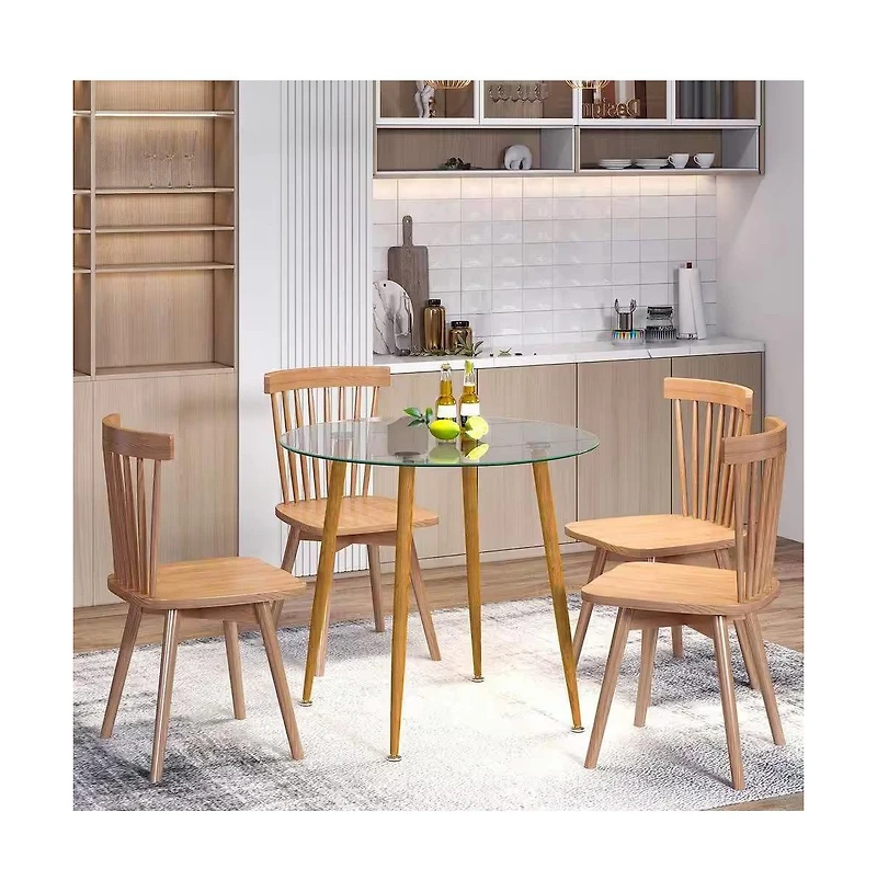 Slickblue Modern Round Glass Top Dining Table with Wood-Look Base for Stylish Dining