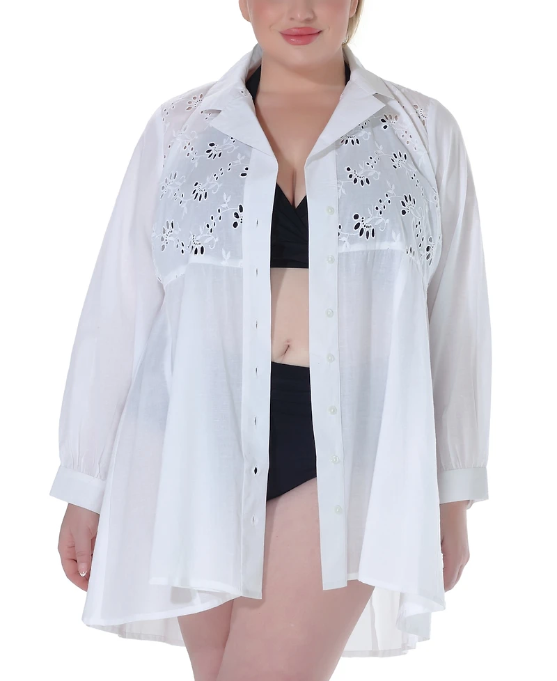 Raviya Plus Size Cotton Eyelet Button-Front Cover-Up Dress
