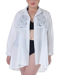 Raviya Plus Size Cotton Eyelet Button-Front Cover-Up Dress