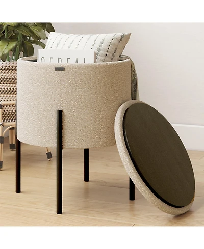 Boucle Round Ottoman with Hidden Storage – Modern Foot Stool, Makeup Vanity Small Rest, Perfect for Living Room & Bedroom D