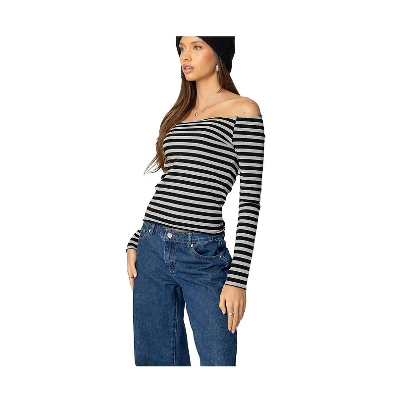 Edikted Womens Nelligan Striped Off Shoulder Top