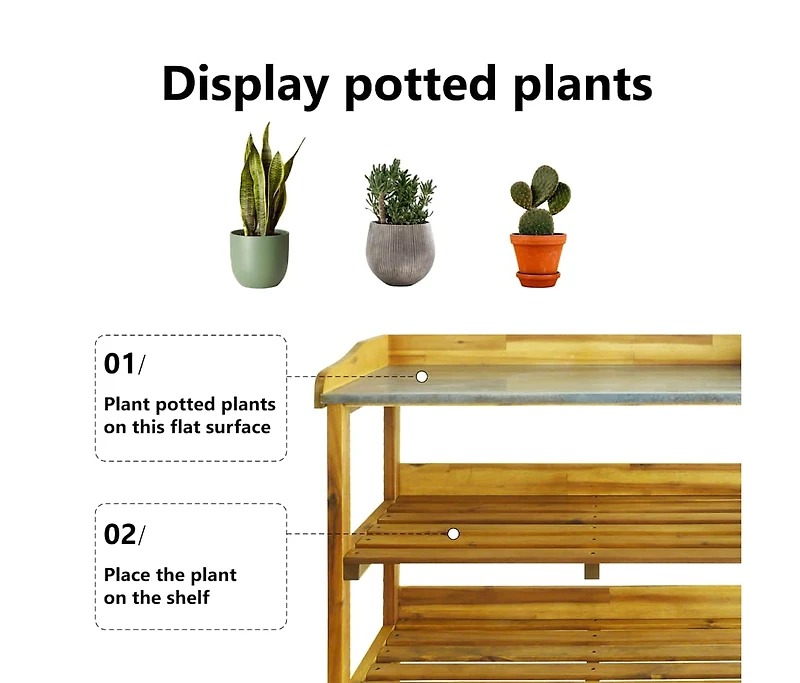 Potting Bench with 2 Shelves Solid Acacia Wood and Zinc