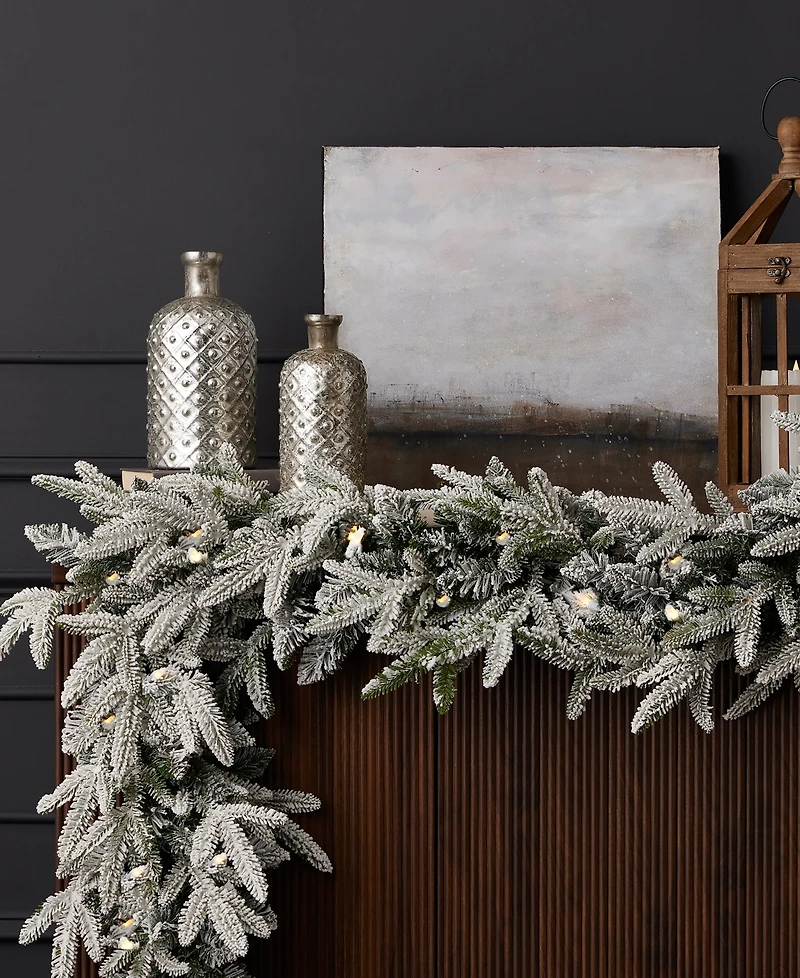 Seasonal 9ft Royal Oaks Flocked Fir Garland, 60 Warm Led Lights