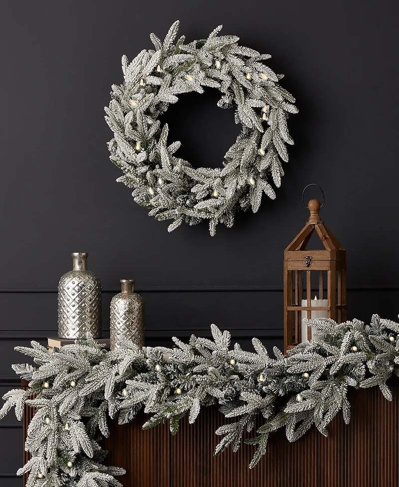 Seasonal 9ft Royal Oaks Flocked Fir Garland, 60 Warm Led Lights
