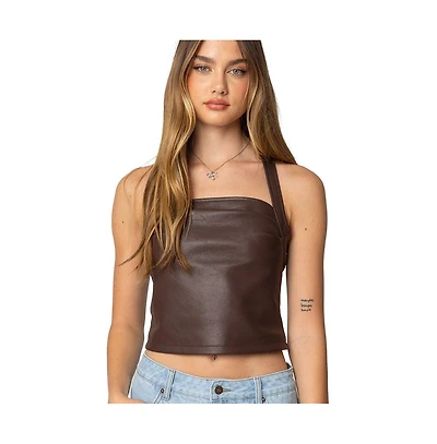 Edikted Womens Draped Faux Leather Halter Top